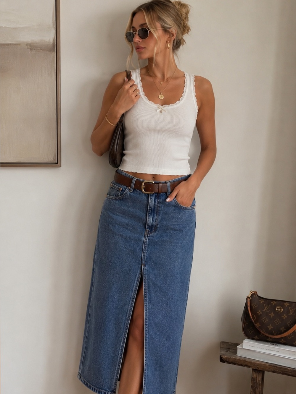 Only Dark Blue Denim Maxi Skirt with Front Slit